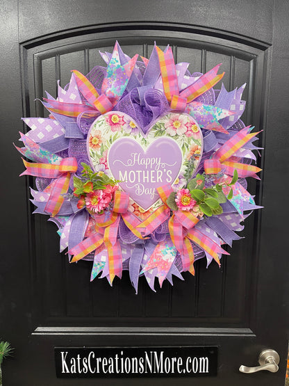Purple Floral Happy Mother’s Day Wreath, Gift for Mom, KatsCreationsNMore