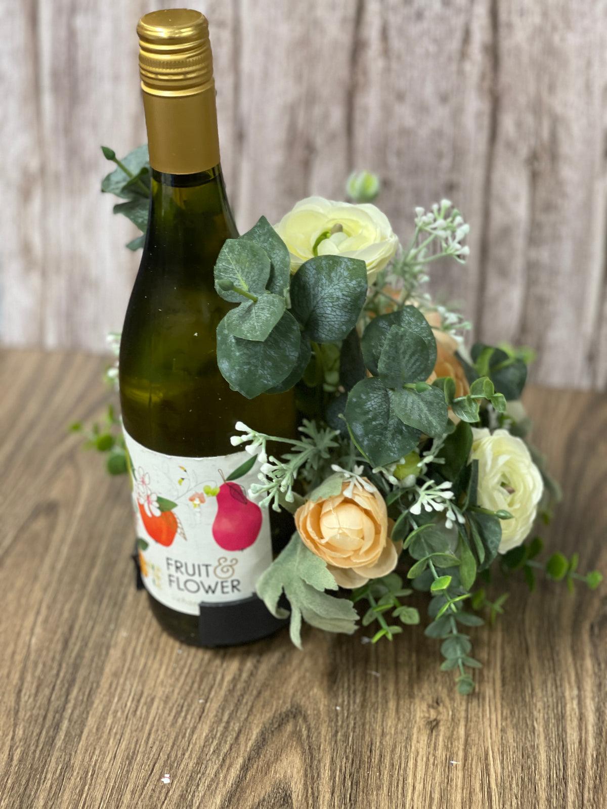 Spring Floral Centerpiece, Mothers Day Gift Bottle Bouquet, Peach and White Ranunculus Candle Holder, KatsCreationsNMore
