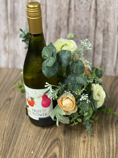 Spring Floral Centerpiece, Mothers Day Gift Bottle Bouquet, Peach and White Ranunculus Candle Holder, KatsCreationsNMore