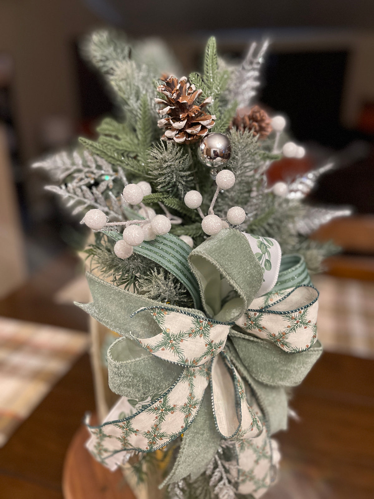 Winter Lantern Swag with Sage Bow & Frosted Greenery