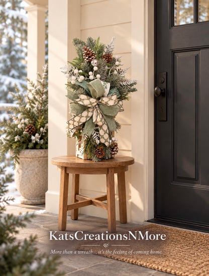 Winter Lantern Swag with Sage Bow & Frosted Greenery