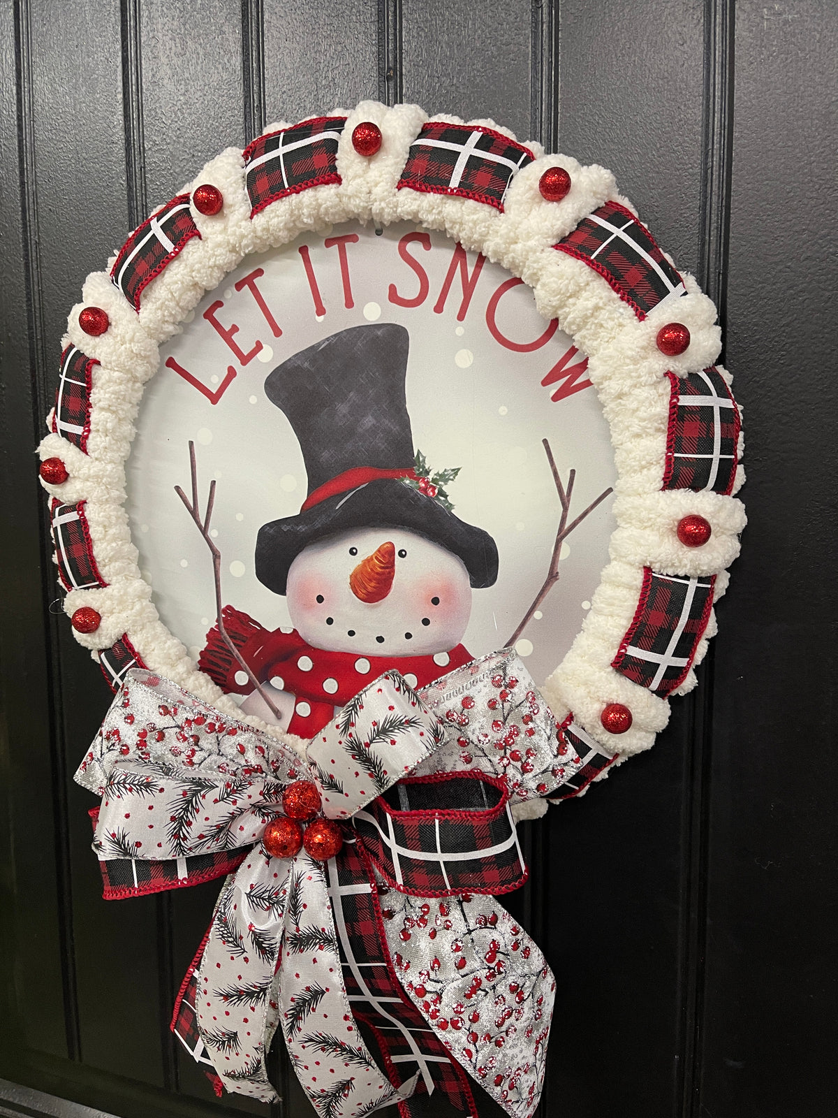 Winter Snowman Let It Snow Wreath, Buffalo Plaid Christmas Storm Door Decor, KatsCreationsNMore