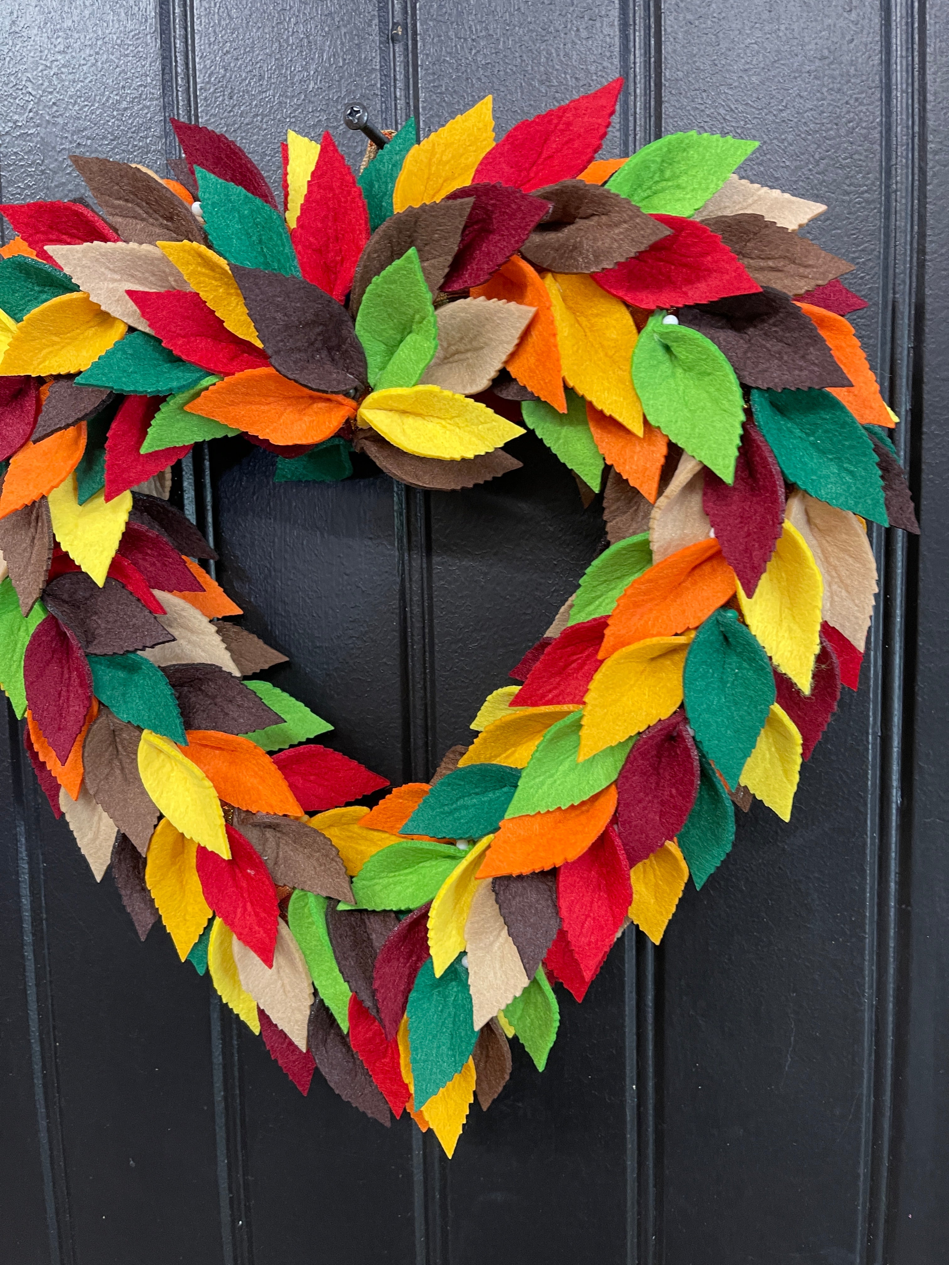 Colorful Felt Leaf Heart Wreath – 14” Fall Storm Door Wreath – Autumn Decor – Handmade Heart-Shaped Wreath – Cozy Seasonal Home Accent, KatsCreationsNMore