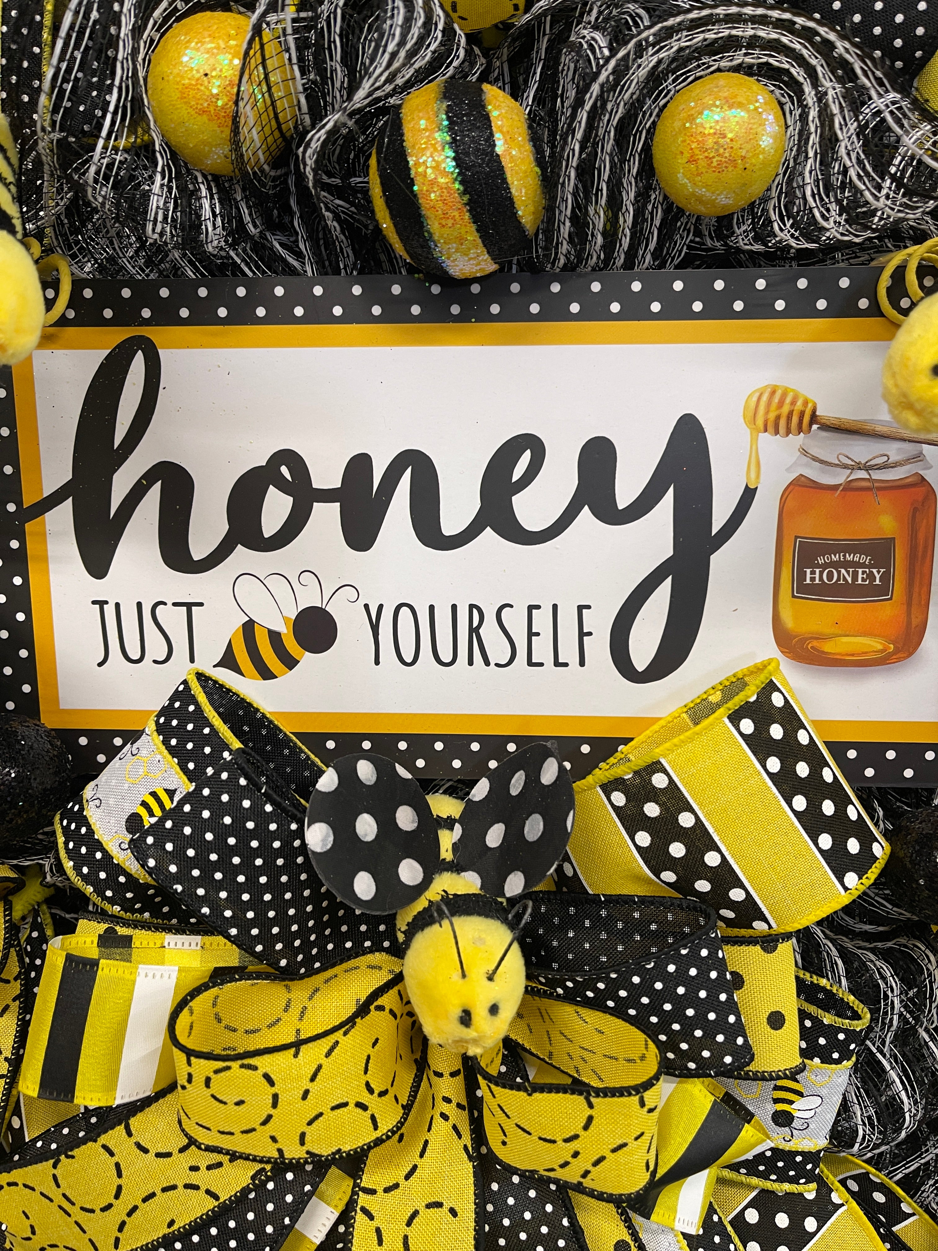 Honey Just Bee Yourself Wreath – Bright Yellow and Black Bumblebee Wreath for Spring & Summer by KatsCreationsNMore