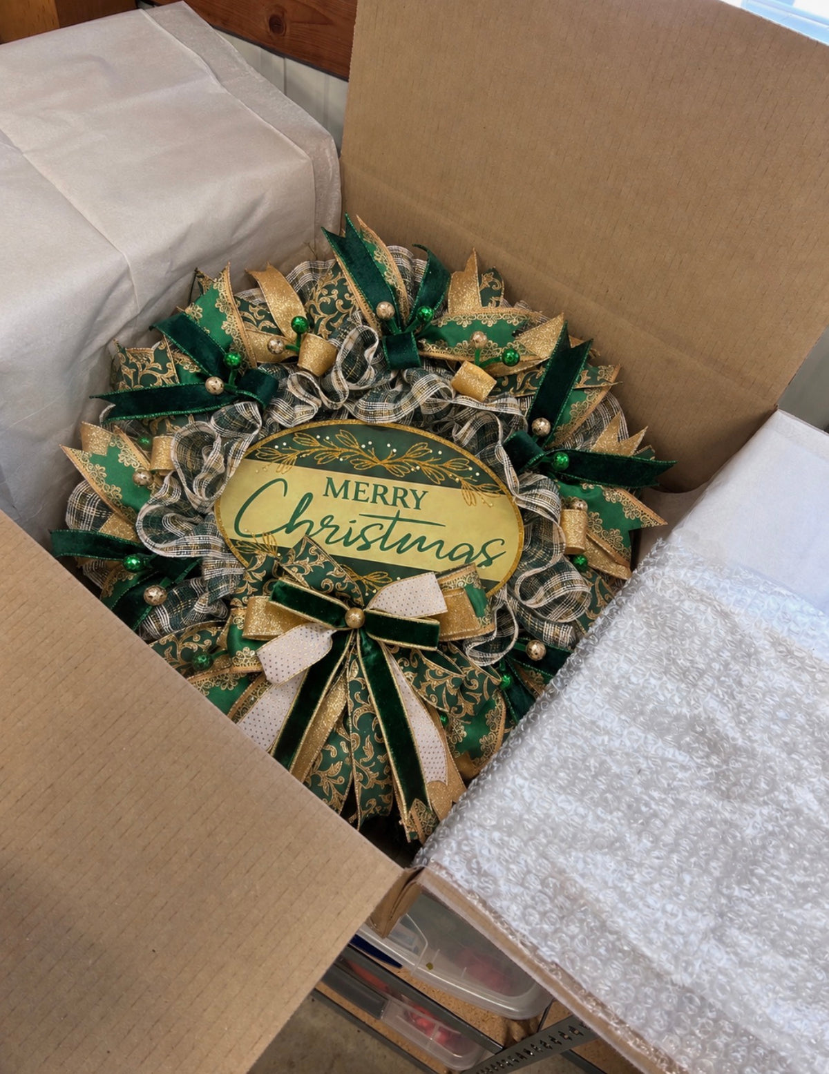Elegant Victorian Green & Gold Merry Christmas Wreath | Handmade Holiday Door Decor | Velvet Ribbon Christmas Wreath | KatsCreationsNMore
