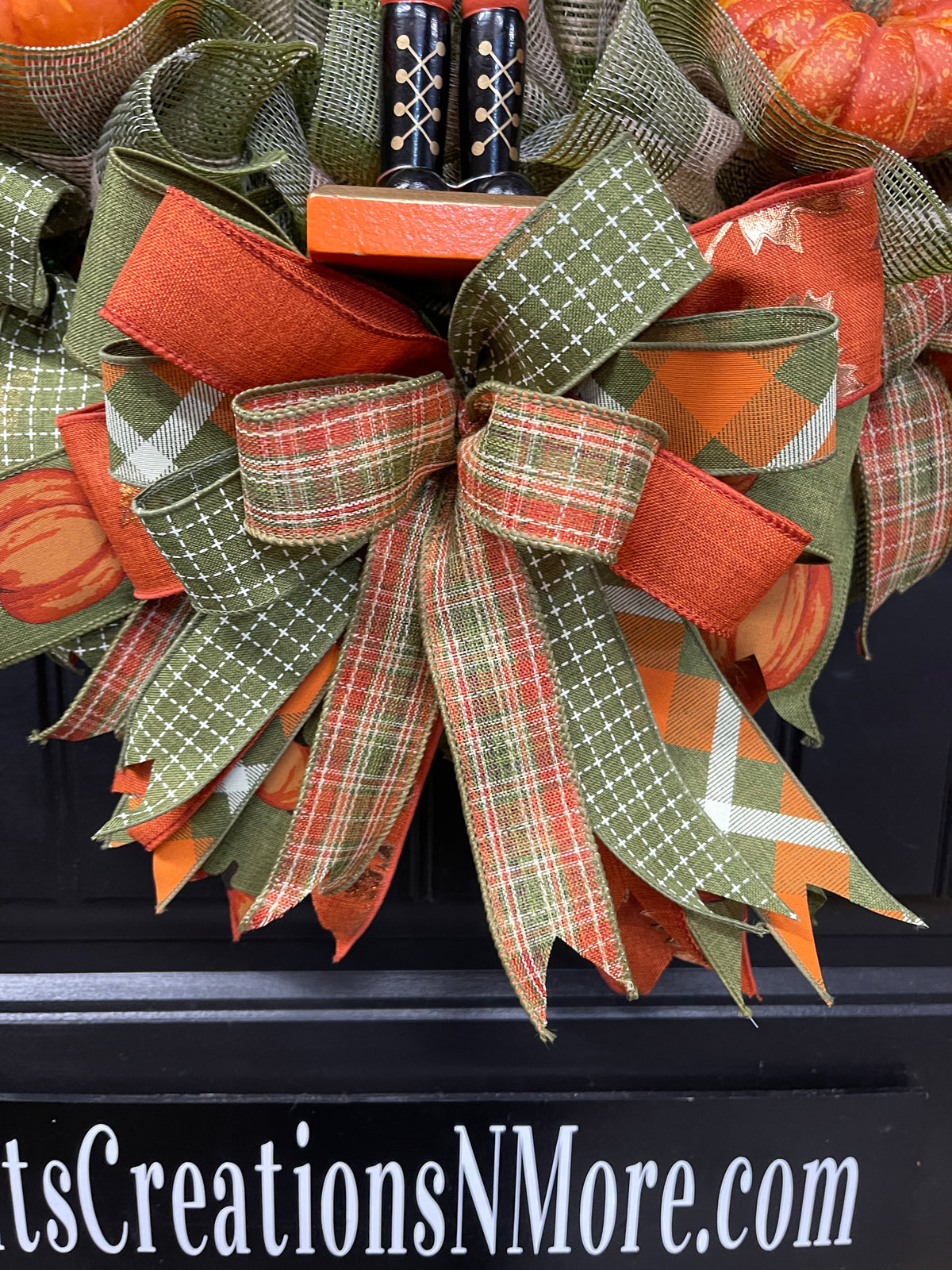 Pumpkin Nutcracker Fall Wreath – Rustic Autumn Front Door Wreath with Pumpkins and Plaid Ribbon