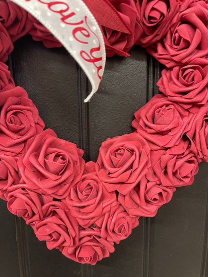 Valentine’s Day Burgundy Rose Heart Shaped Wreath, I Love You Front Door Decor, KatsCreationsNMore