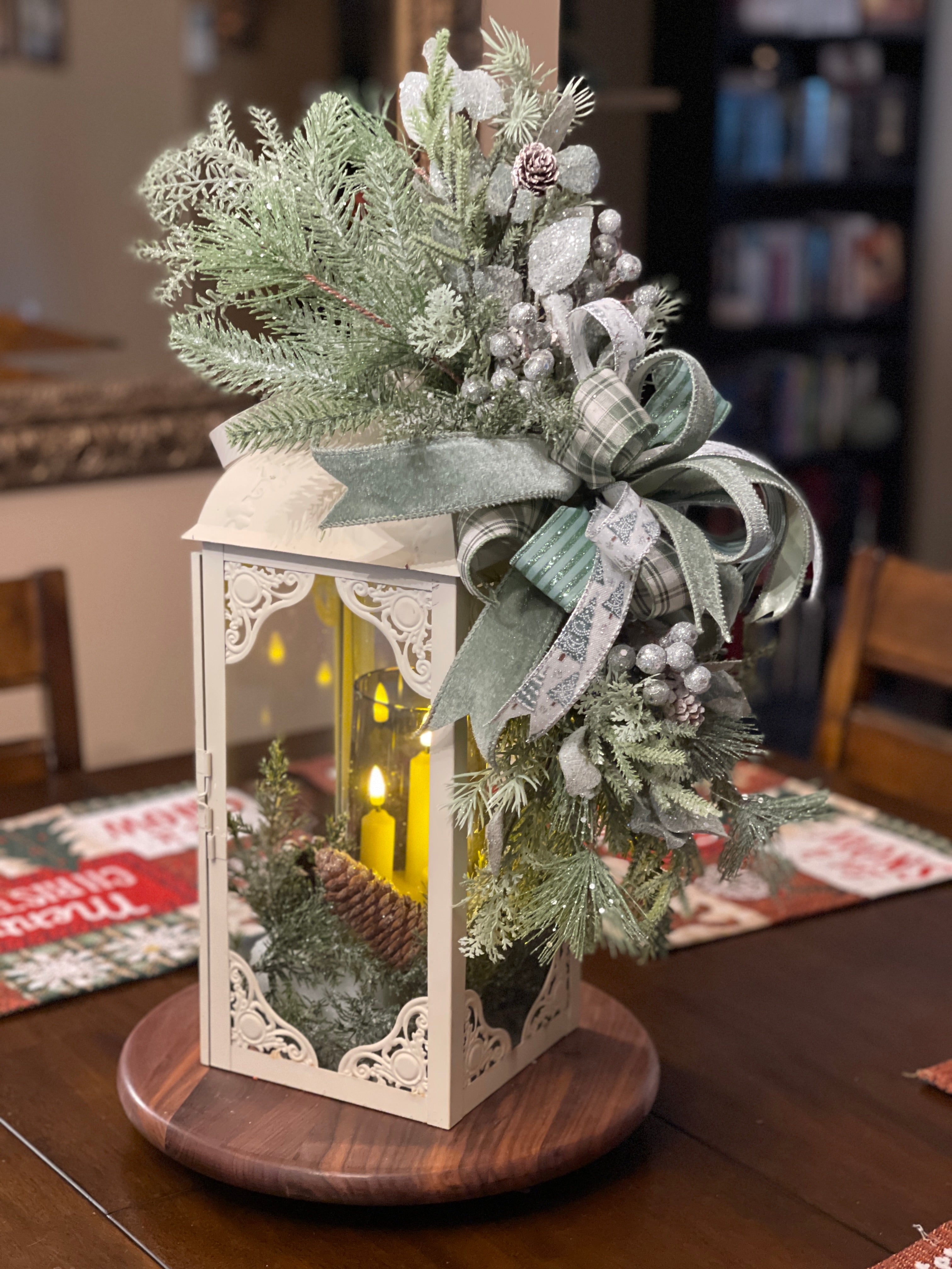 Winter Frost Lantern Centerpiece | Frosted Greenery & Sage Bow Christmas Table Decor | Rustic Farmhouse Holiday Arrangement | KatsCreationsNMore