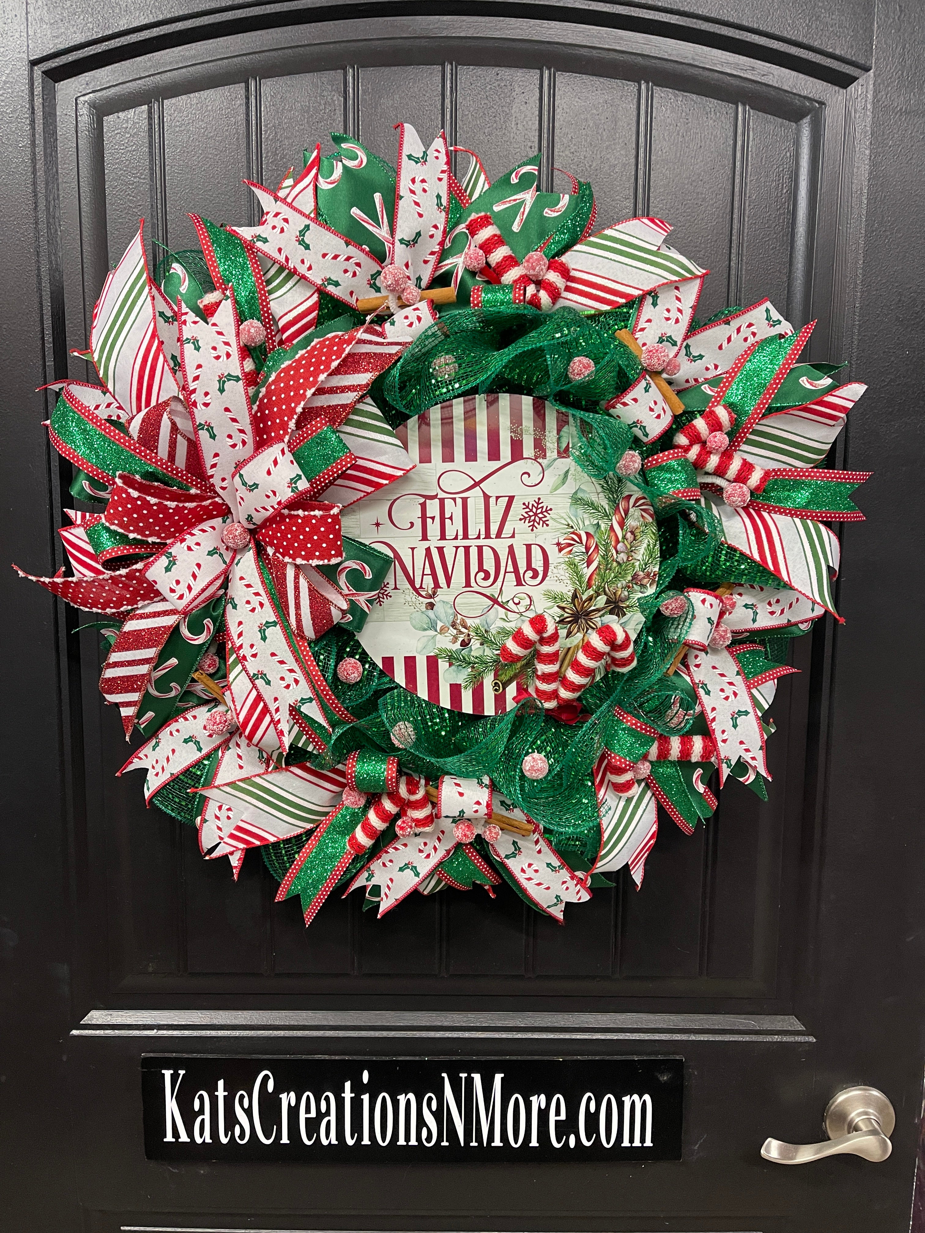 Feliz Navidad Candy Cane Wreath, Hispanic Christmas Front Door Decor, KatsCreationsNMore