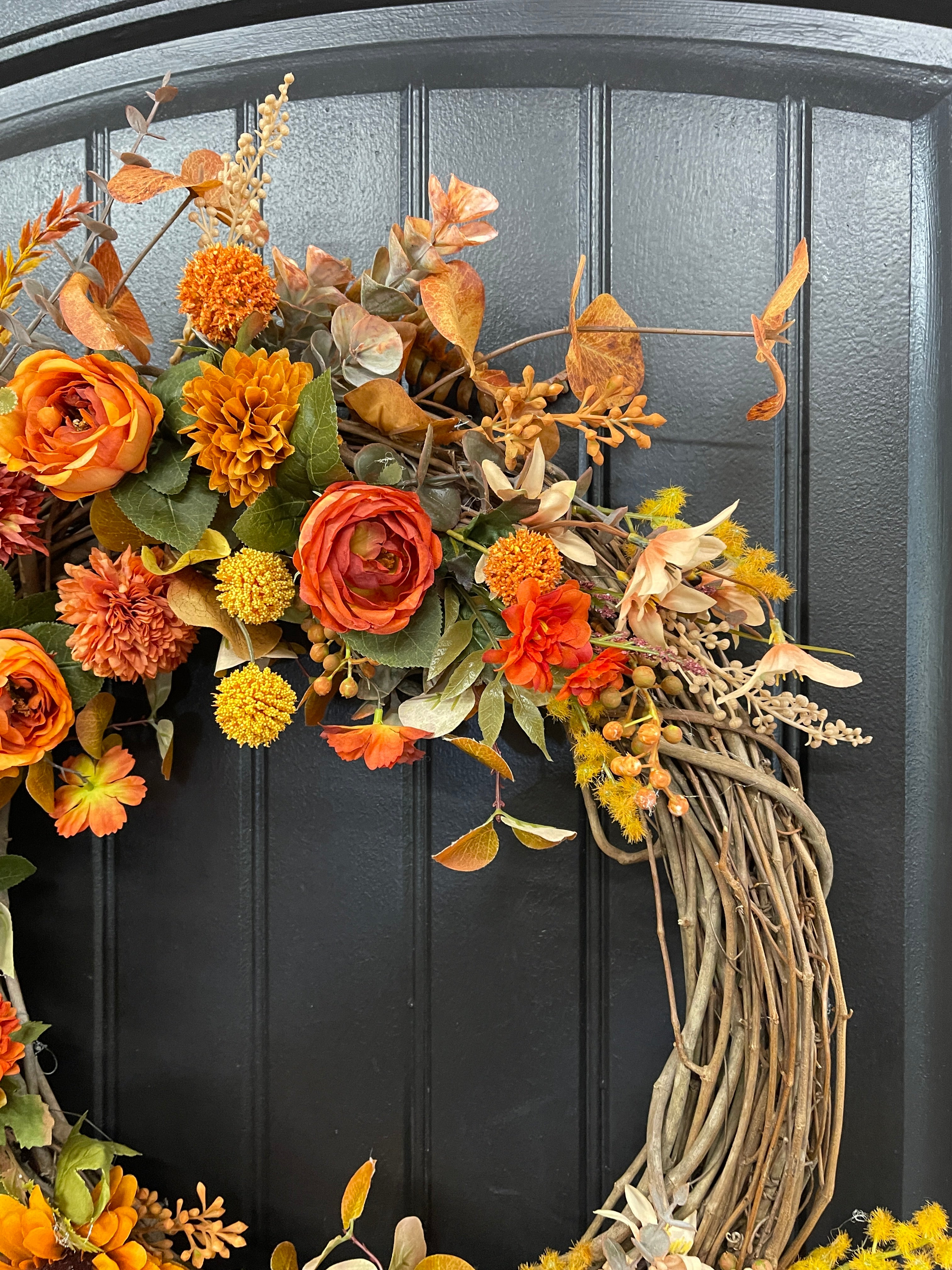 Fall Floral Grapevine, Autumn Front Door Crescent Wreath, KatsCreationsNMore