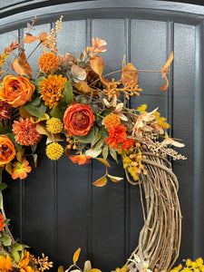 Fall Floral Grapevine, Autumn Front Door Crescent Wreath, KatsCreationsNMore
