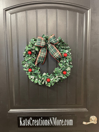 Christmas Fabric Wreath, 16 Inch Plaid Holiday Wreath, Small Farmhouse Door Decor, Rustic RV Camper Christmas Decoration