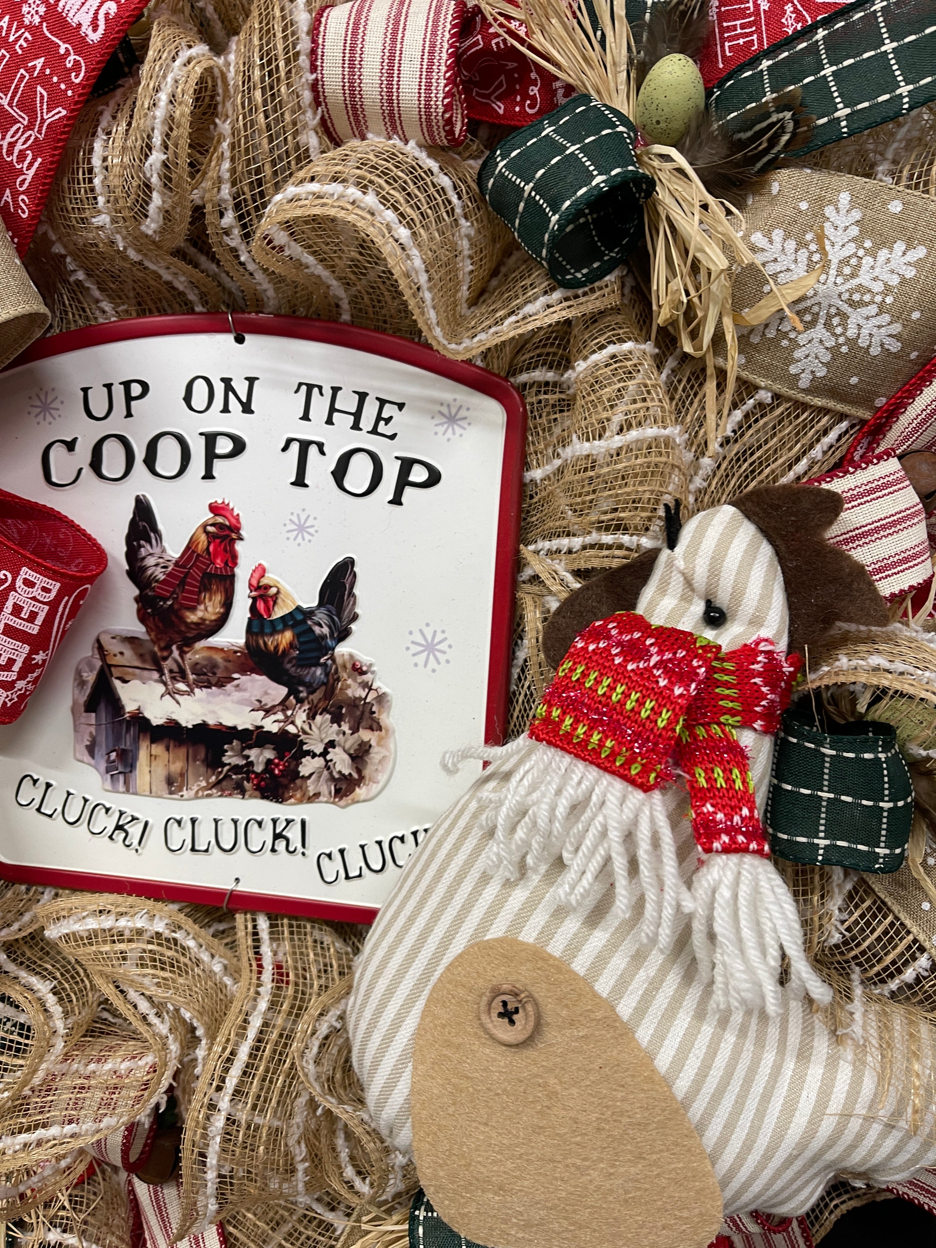 Up on the Coop Top Christmas Chicken Wreath, Farmhouse Country Xmas Front Door Decor, KatsCreationsNMore