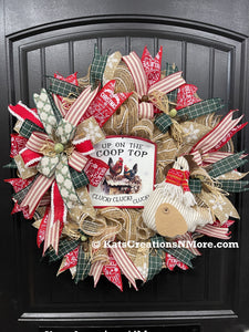 Up on the Coop Top Christmas Chicken Wreath, Farmhouse Country Xmas Front Door Decor, KatsCreationsNMore