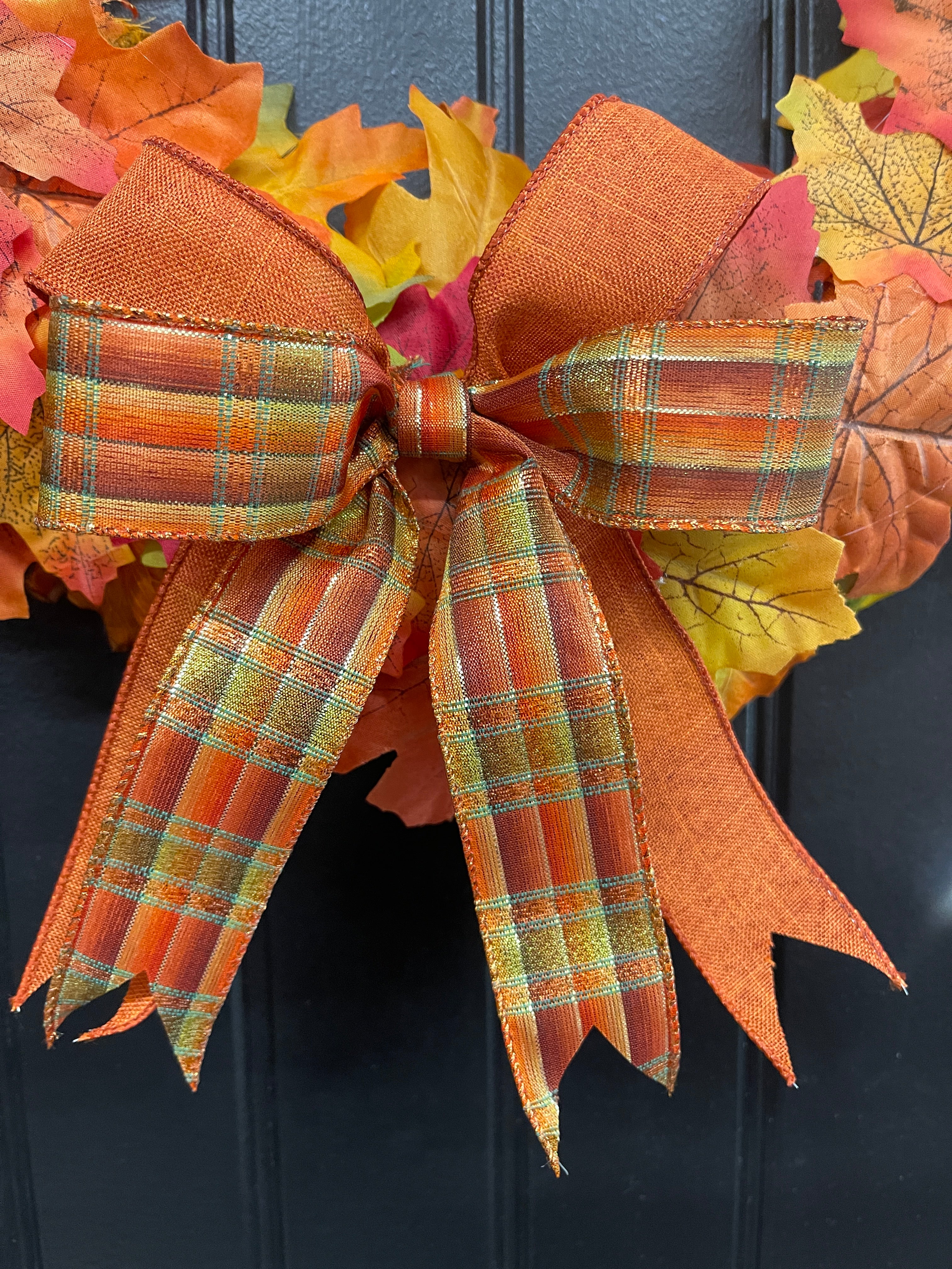 Handmade Fall Wreath – Maple Leaves & Plaid Ribbon – Front Door Ready - Storm Door Friendly - KatsCreationsNMore
