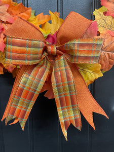 Handmade Fall Wreath – Maple Leaves & Plaid Ribbon – Front Door Ready - Storm Door Friendly - KatsCreationsNMore