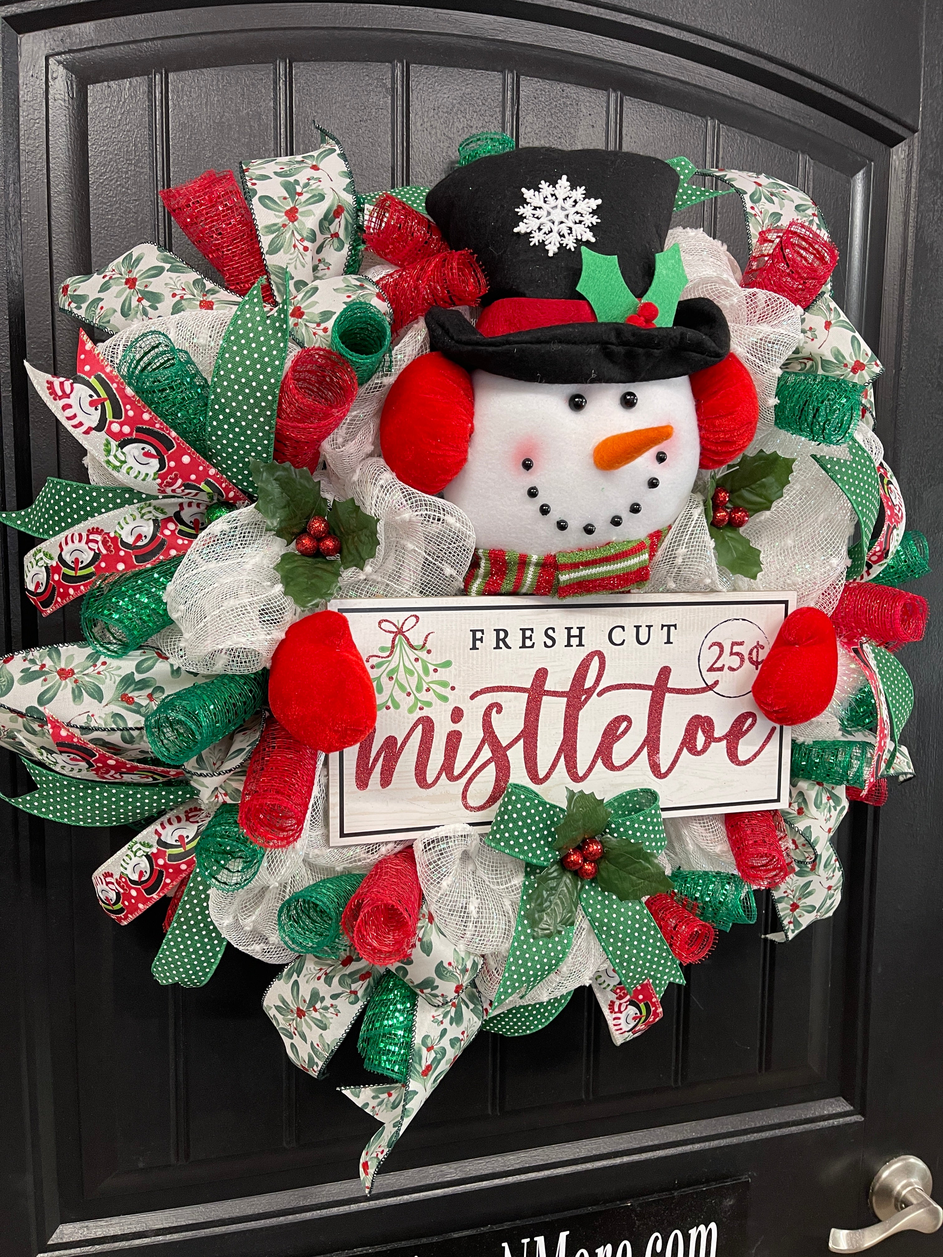 Snowman Mistletoe Christmas Wreath, Winter Seasonal Holiday Front Door Decor, KatsCreationsNMore