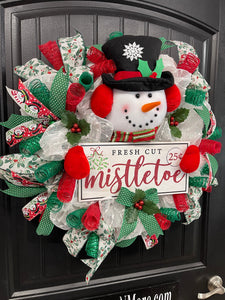 Snowman Mistletoe Christmas Wreath, Winter Seasonal Holiday Front Door Decor, KatsCreationsNMore