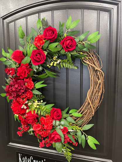 Faith-Filled Red Rose Christian Grapevine Wreath | Meaningful Christian Home Décor | Memorial, Wedding & Devotional Floral Wreath | KatsCreationsNMore