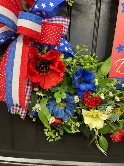 Patriotic Floral Grapevine Wreath with Removable “Home of the Free Because of the Brave” Sign – Red, White & Blue Summer Door Decor – Memorial Day, 4th of July, Veteran Gift, KatsCreationsNMore