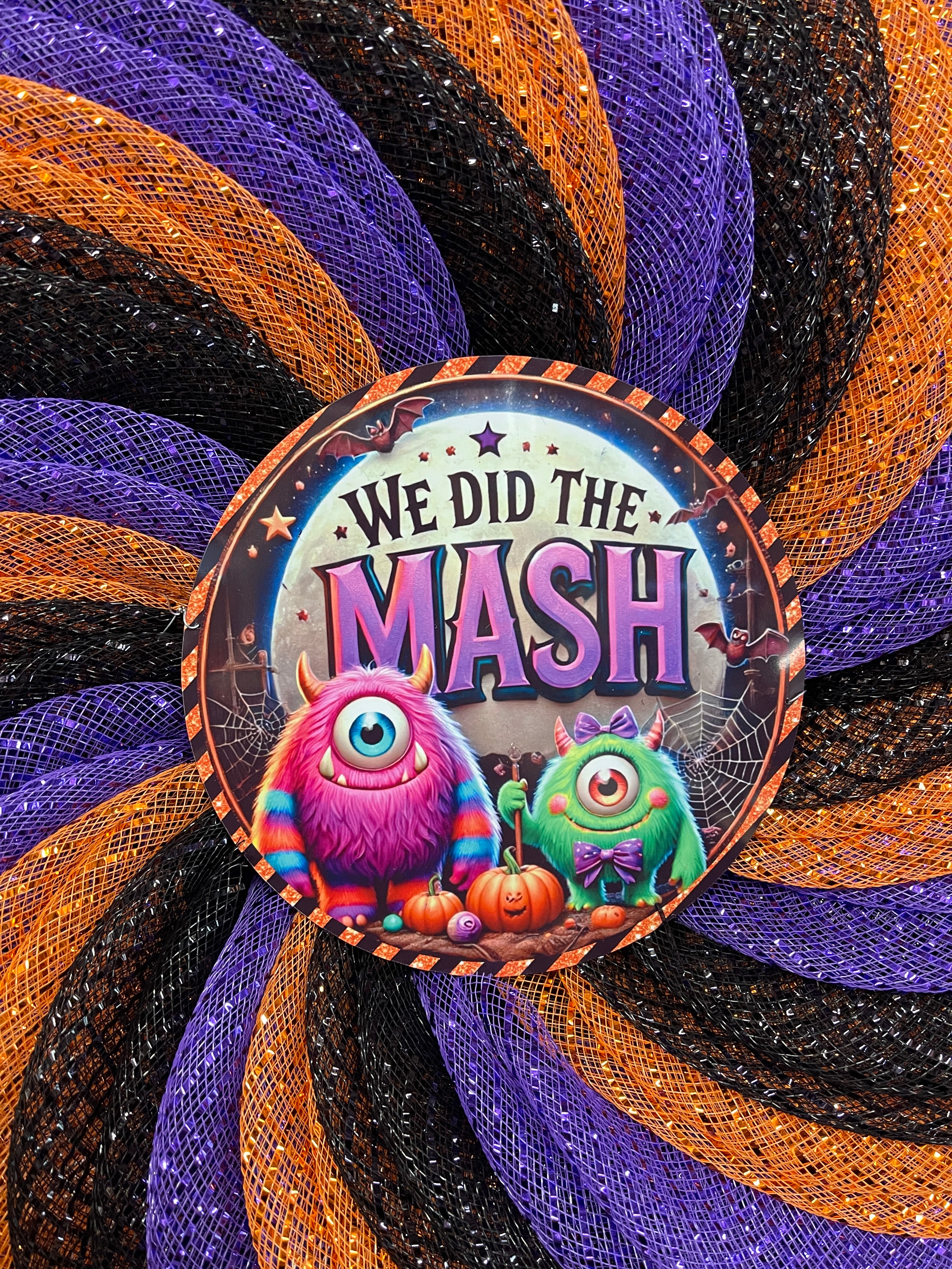 We Did the Mash Halloween Wreath – Monster Mash Spiral Deco Mesh Wreath in Orange, Black & Purple – Spooky Cute Door Decor - KatsCreationsNMore