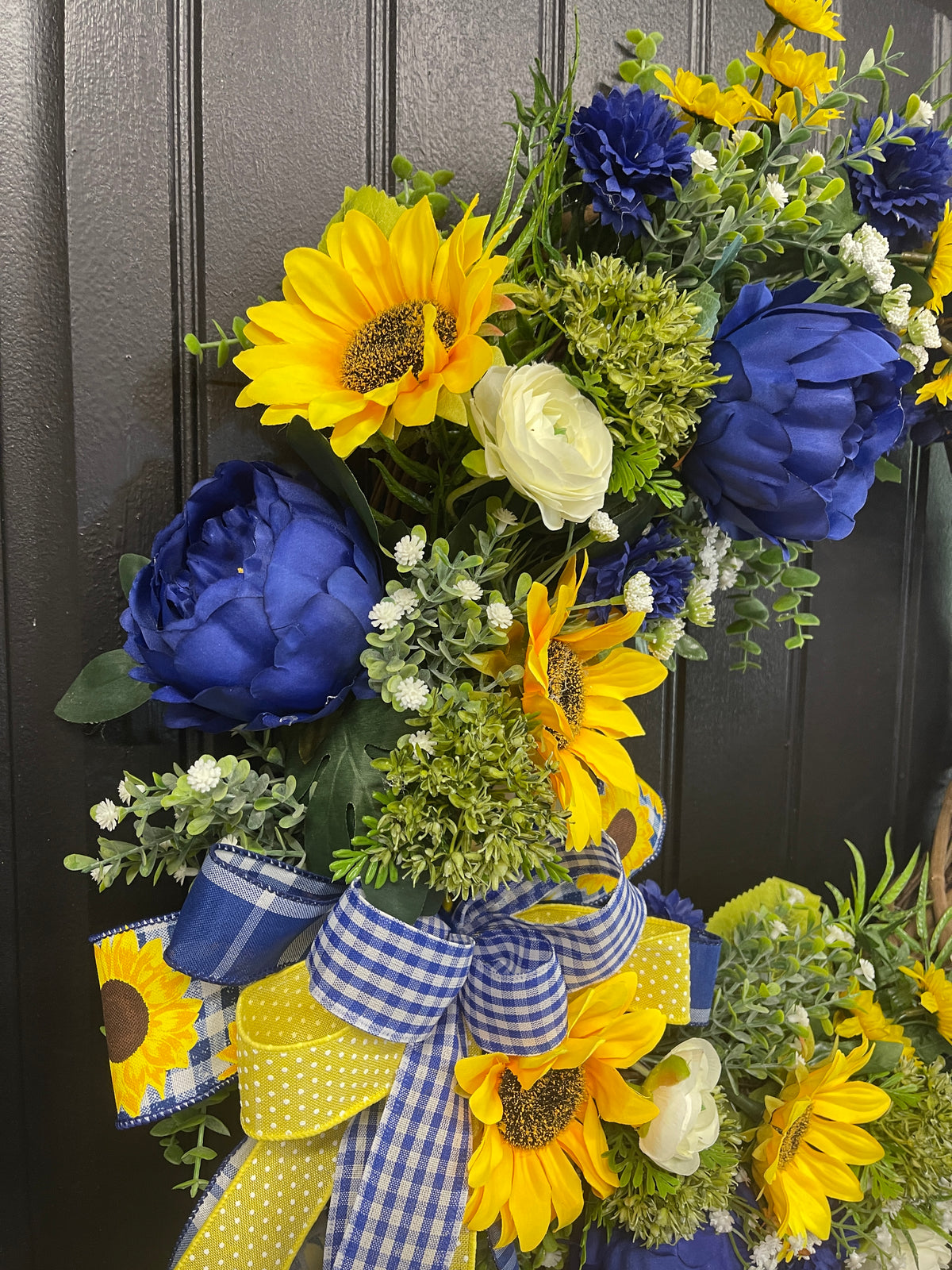 Sunflower and Peony Grapevine Wreath – Yellow and Blue Summer Door Decor - KatsCreationsNMore