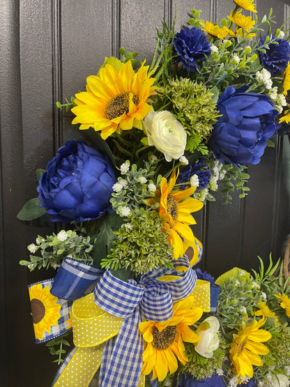 Sunflower and Peony Grapevine Wreath – Yellow and Blue Summer Door Decor - KatsCreationsNMore