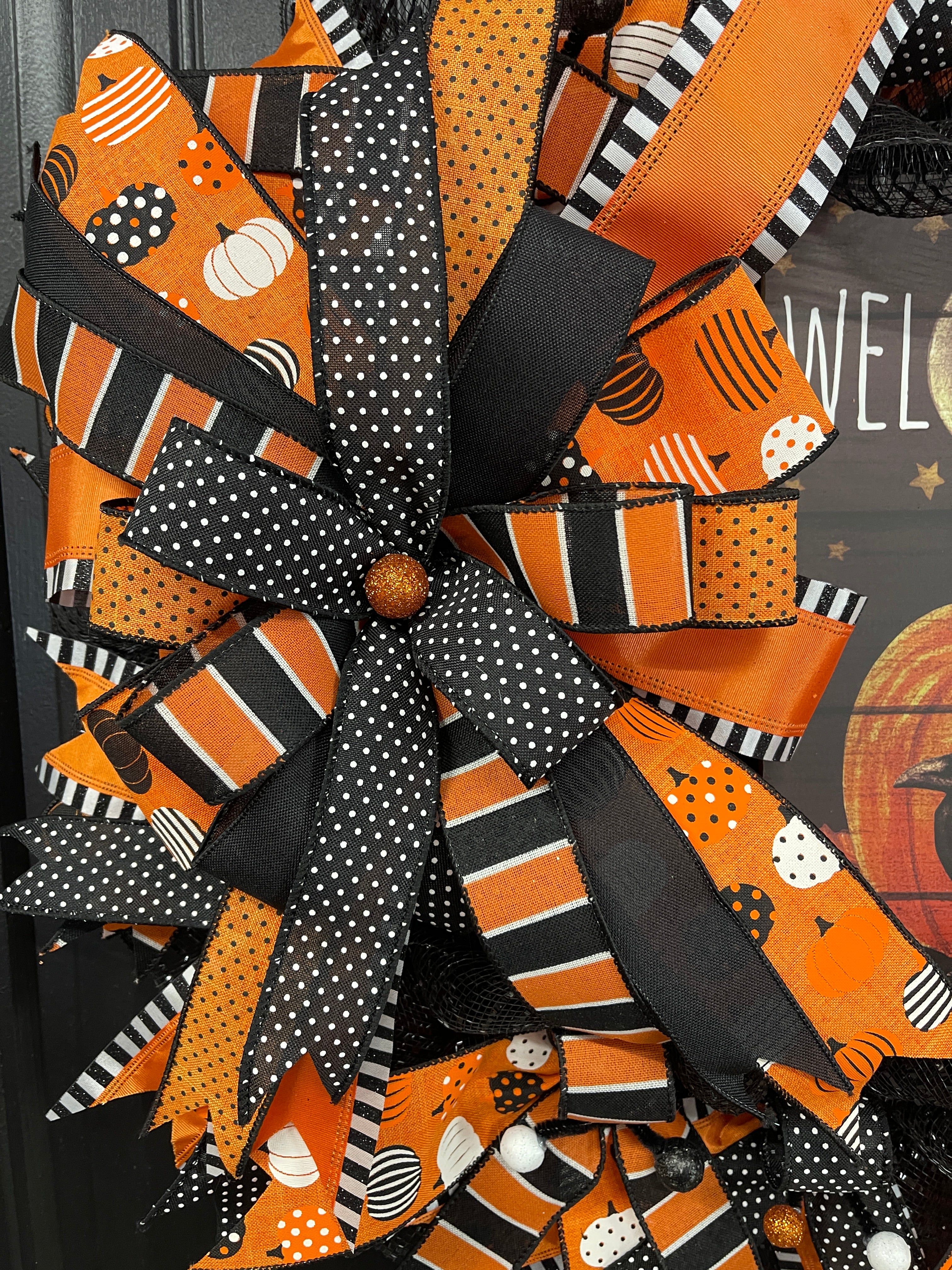 Halloween Welcome Wreath with Pumpkin & Raven Sign | Black & Orange Deco Mesh Front Door Wreath | Spooky Fall Porch Decor Handmade