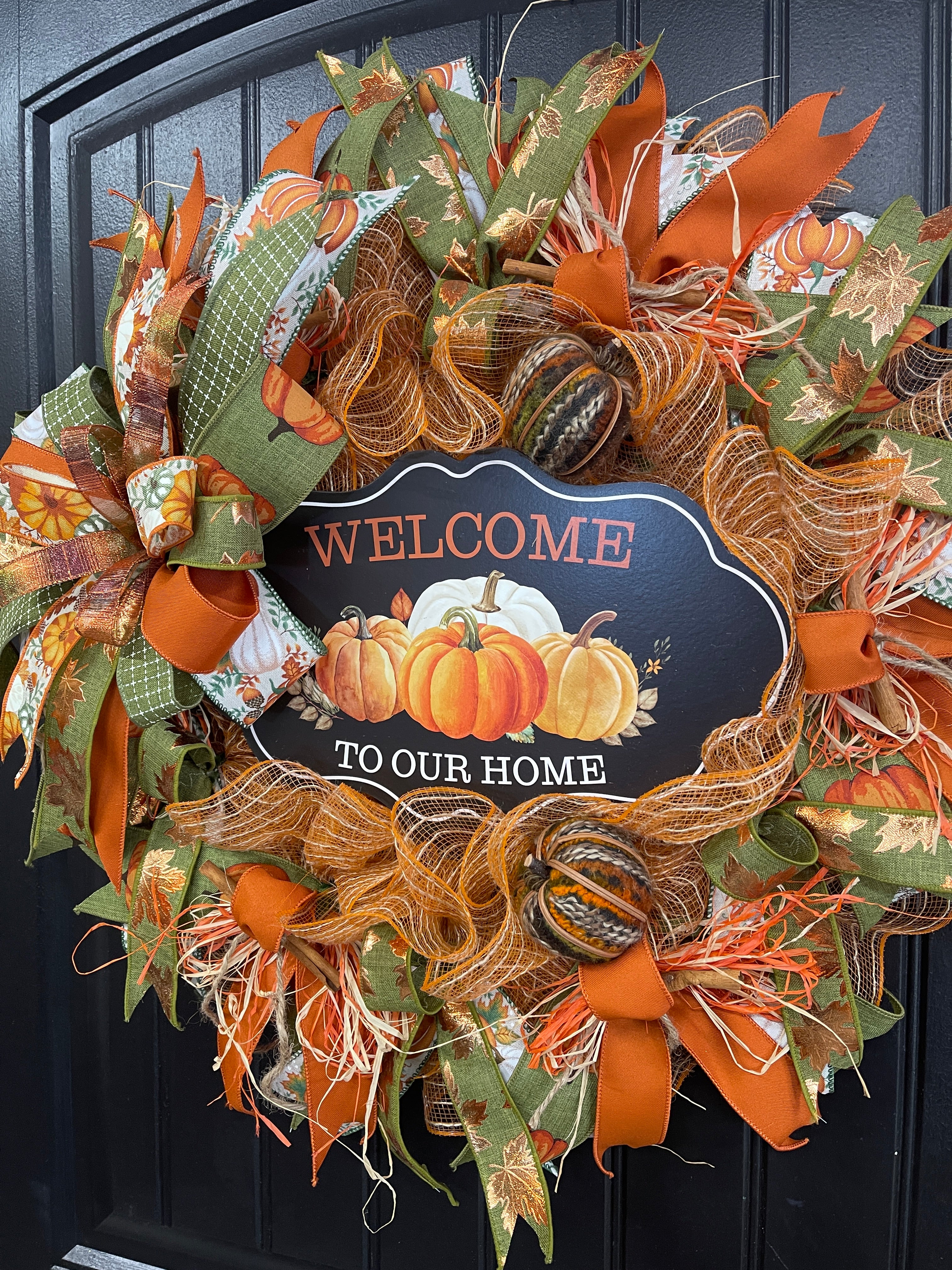 Welcome to Our Home Fall Pumpkin Wreath – Handmade Autumn Front Door Décor with Pumpkins, Cinnamon Sticks, Raffia & Rustic Ribbons, KatsCreationsNMore