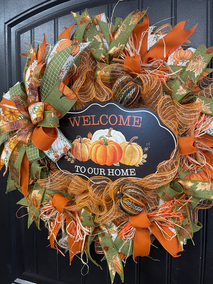 Welcome to Our Home Fall Pumpkin Wreath – Handmade Autumn Front Door Décor with Pumpkins, Cinnamon Sticks, Raffia & Rustic Ribbons, KatsCreationsNMore