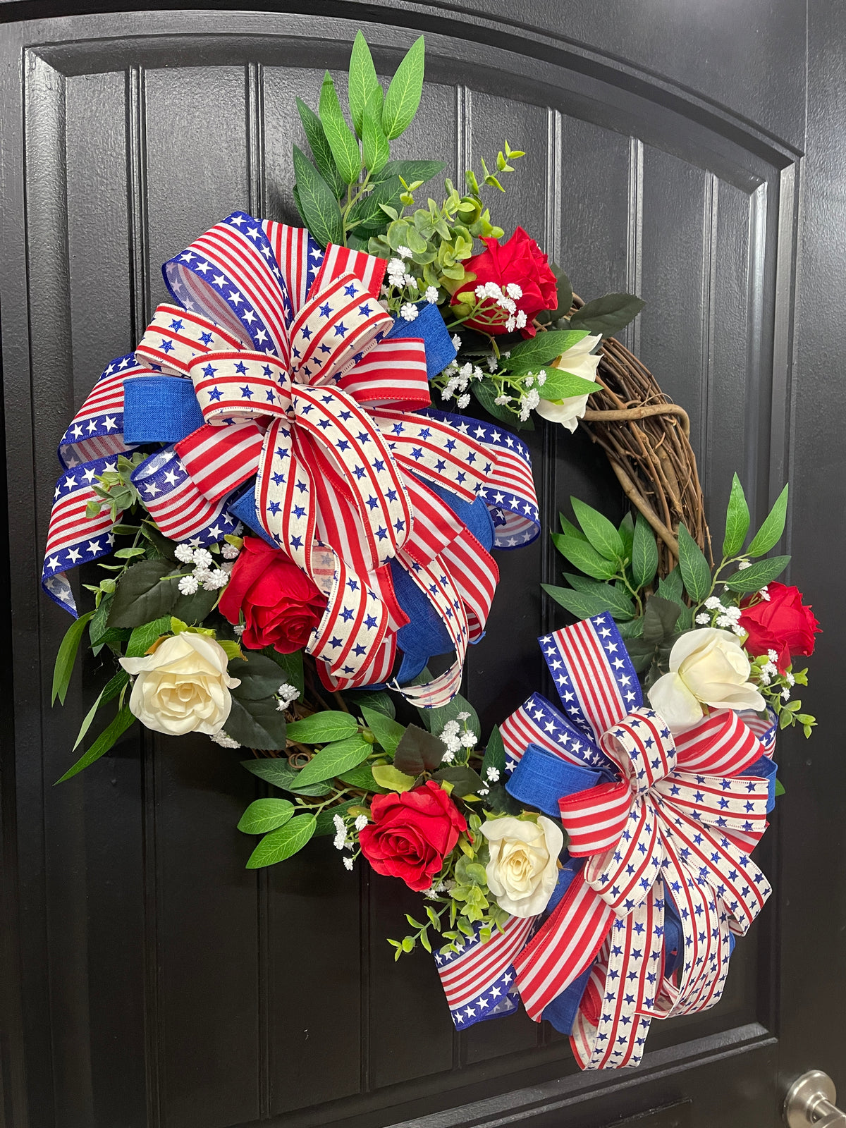 Patriotic Floral Rose Grapevine Double Bow Wreath, 4th of July Front Door Decoration, KatsCreationsNMore