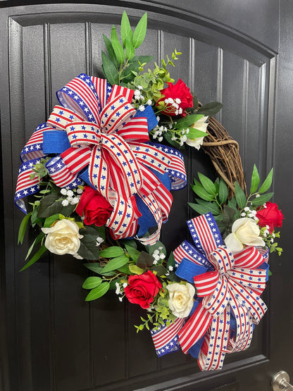 Patriotic Floral Rose Grapevine Double Bow Wreath, 4th of July Front Door Decoration, KatsCreationsNMore