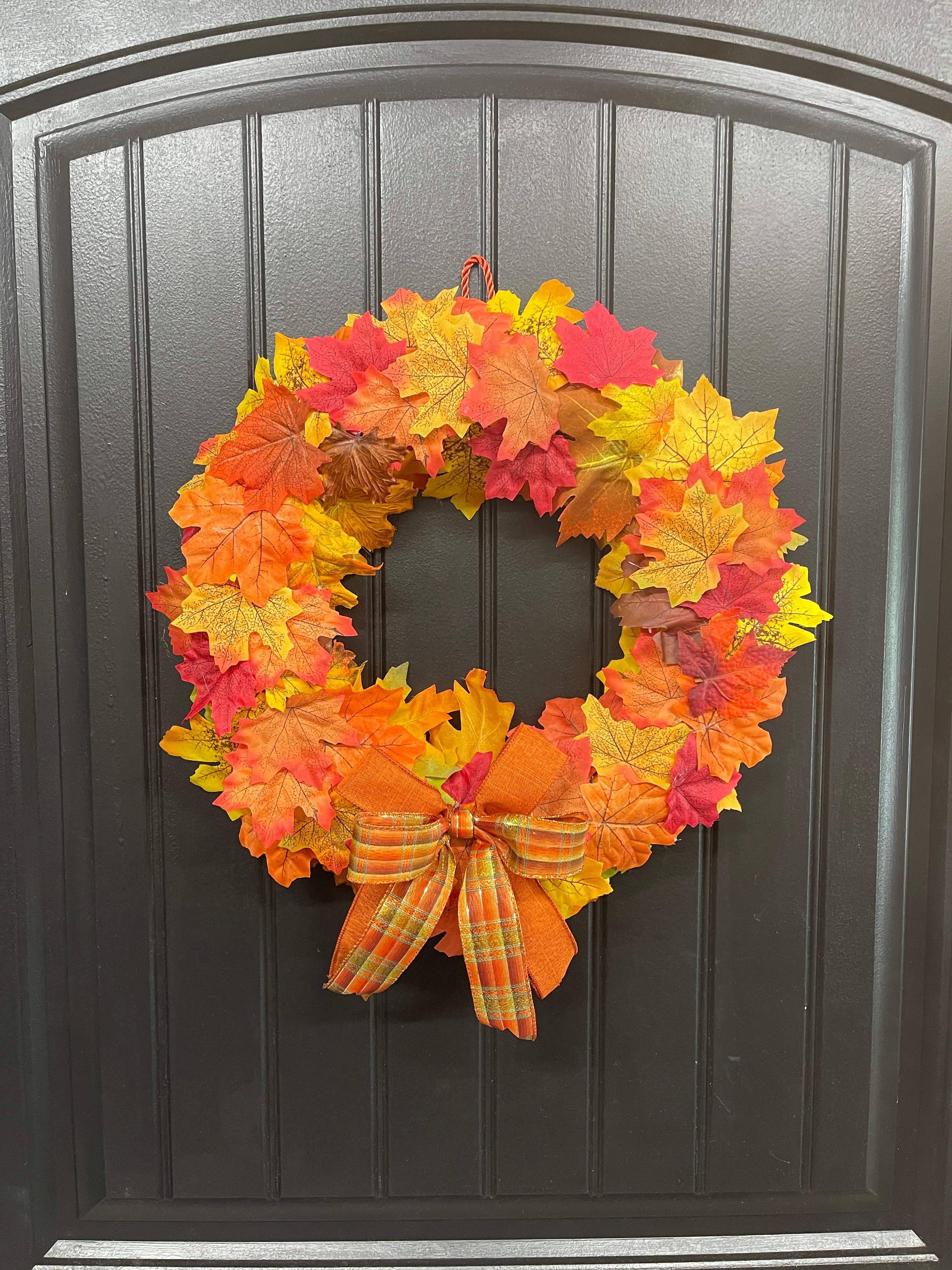 Handmade Fall Wreath – Maple Leaves & Plaid Ribbon – Front Door Ready - Storm Door Friendly - KatsCreationsNMore
