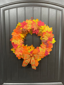 Handmade Fall Wreath – Maple Leaves & Plaid Ribbon – Front Door Ready - Storm Door Friendly - KatsCreationsNMore