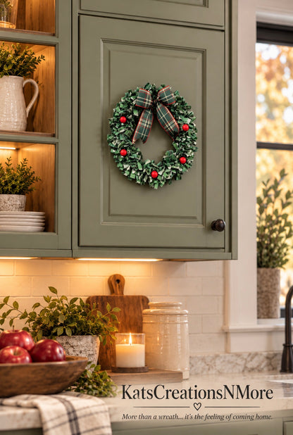 Christmas Fabric Wreath, 16 Inch Plaid Holiday Wreath, Small Farmhouse Door Decor, Rustic RV Camper Christmas Decoration
