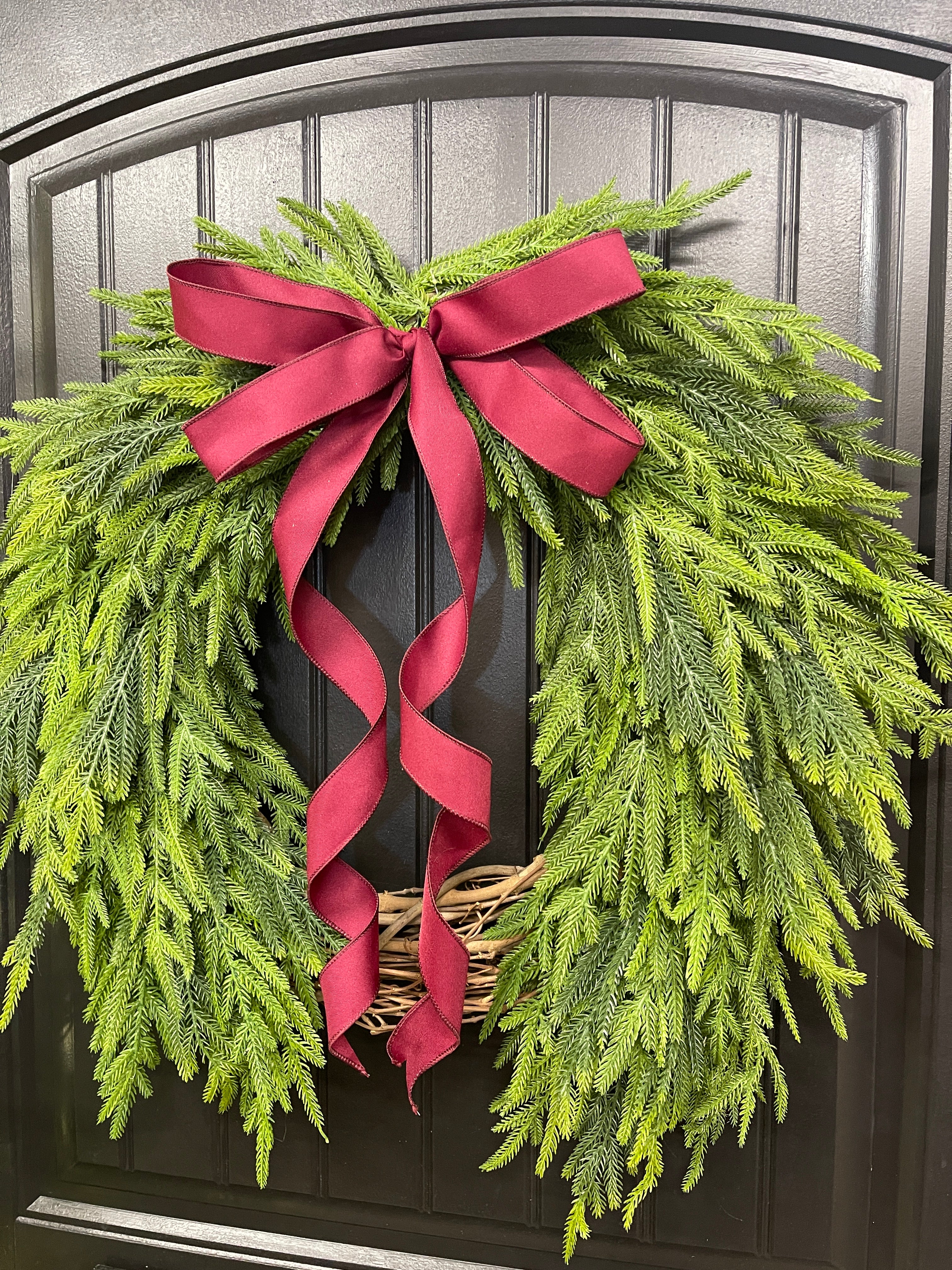 Norfolk Pine Evergreen Wreath, Christmas Grapevine Greenery with Burgundy Bow, KatsCreationsNMore