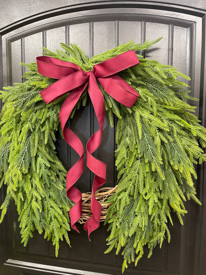 Norfolk Pine Evergreen Wreath, Christmas Grapevine Greenery with Burgundy Bow, KatsCreationsNMore