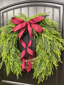 Norfolk Pine Evergreen Wreath, Christmas Grapevine Greenery with Burgundy Bow, KatsCreationsNMore