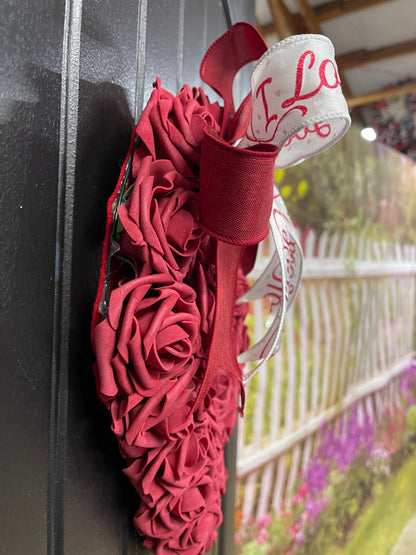 Valentine’s Day Burgundy Rose Heart Shaped Wreath, I Love You Front Door Decor, KatsCreationsNMore