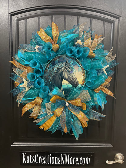 Ethereal Sea Horse Beach Wreath, Fantasy Ocean Lover Front Door Decor, KatsCreationsNMore