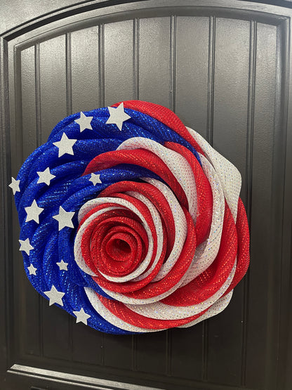 Patriotic Rose Wreath, Deco Mesh Floral Front Door Decor, KatsCreationsNMore
