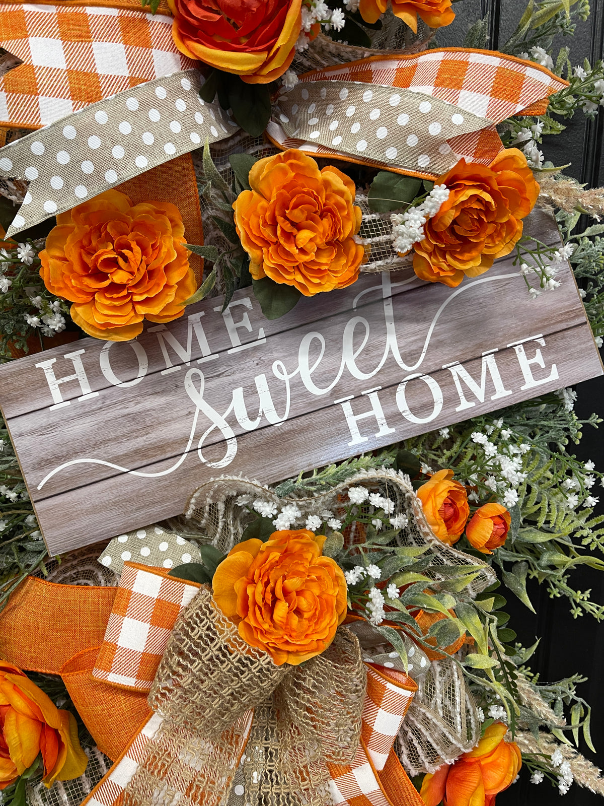 Home Sweet Home Vertical Swag with Orange Ranunculus and Rustic Gingham Bow – Farmhouse Door Hanger, KatsCreationsNMore