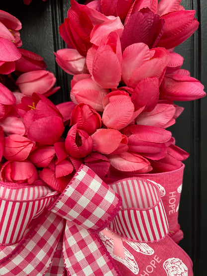 Breast Cancer Tulip Awareness Ribbon Wreath, KatsCreationsNMore