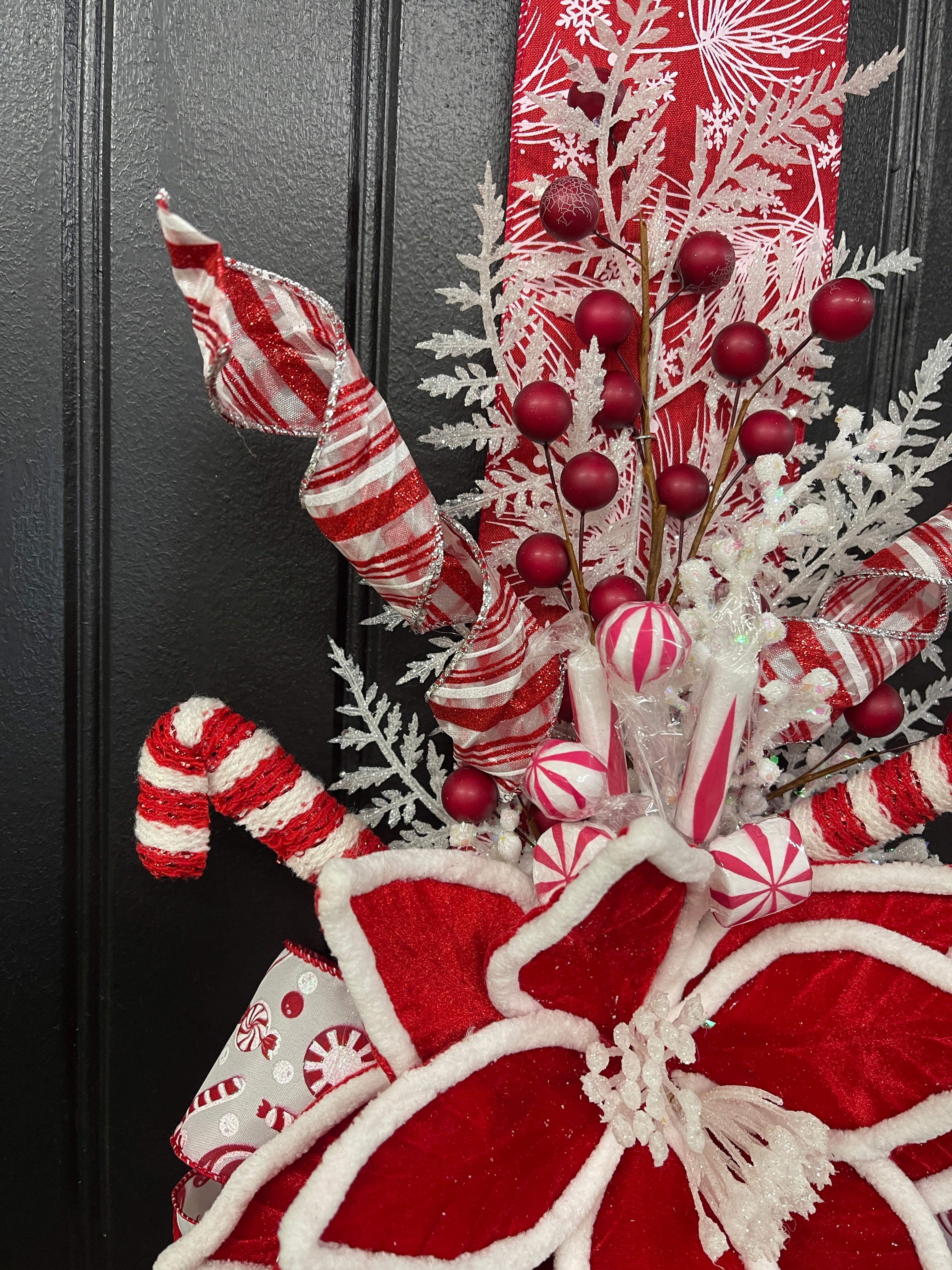 Double Sided Candy Cane Poinsettia Door Ribbon Swag, Holiday Storm Door Decor, KatsCreationsNMore
