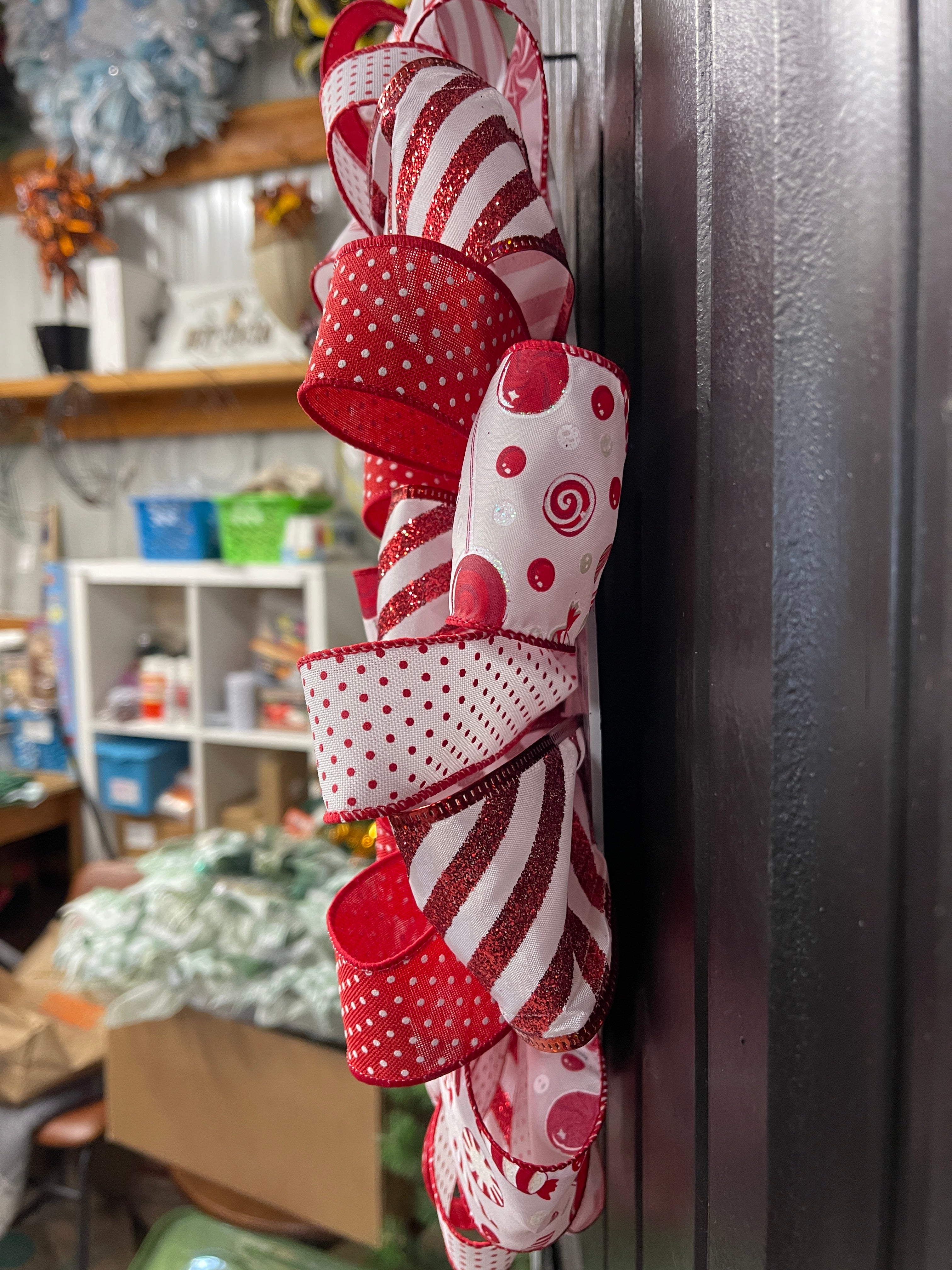 Candy Cane Christmas Ribbon Wreath, Winter Holiday Front Door Decor, Seasonal Porch Decoration, KatsCreationsNMore