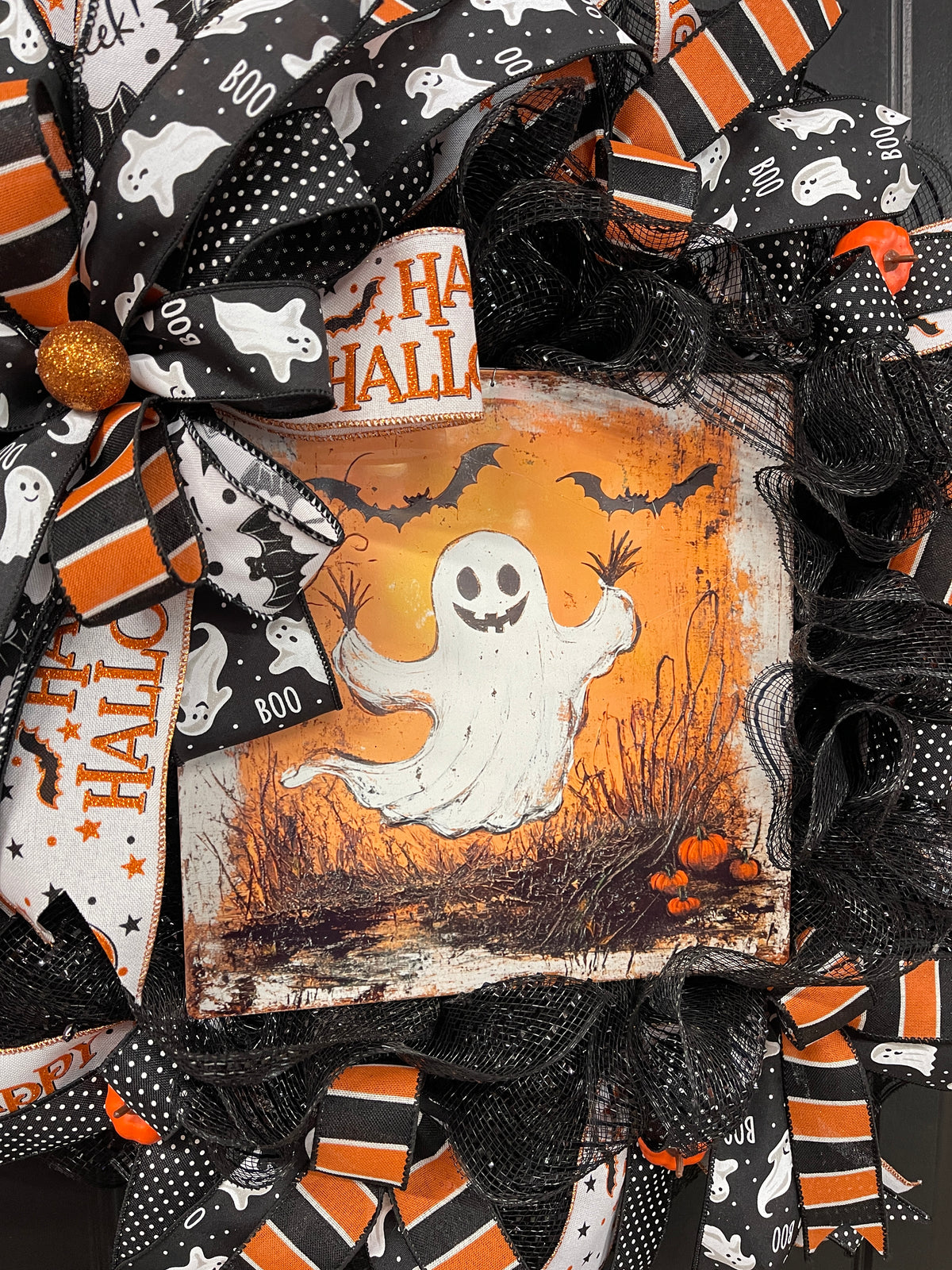 Halloween Ghost Deco Mesh Wreath | Cute Ghost Front Door Wreath | Handmade Halloween Decor | Black Orange Mesh Wreath | Halloween Porch Decor