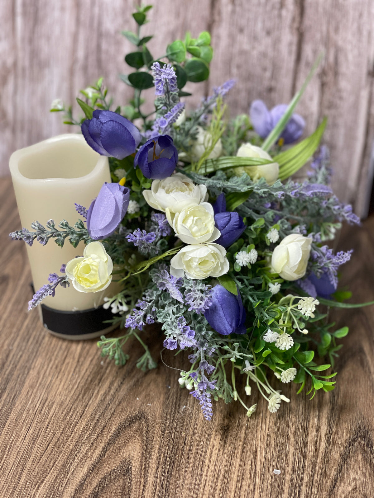 Spring Purple Tulips and Cream Ranunculus Bottle Bouquet, Floral Bridal or Baby Shower Centerpieces, Candle Holders, KatsCreationsNMore