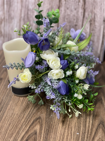Spring Purple Tulips and Cream Ranunculus Bottle Bouquet, Floral Bridal or Baby Shower Centerpieces, Candle Holders, KatsCreationsNMore