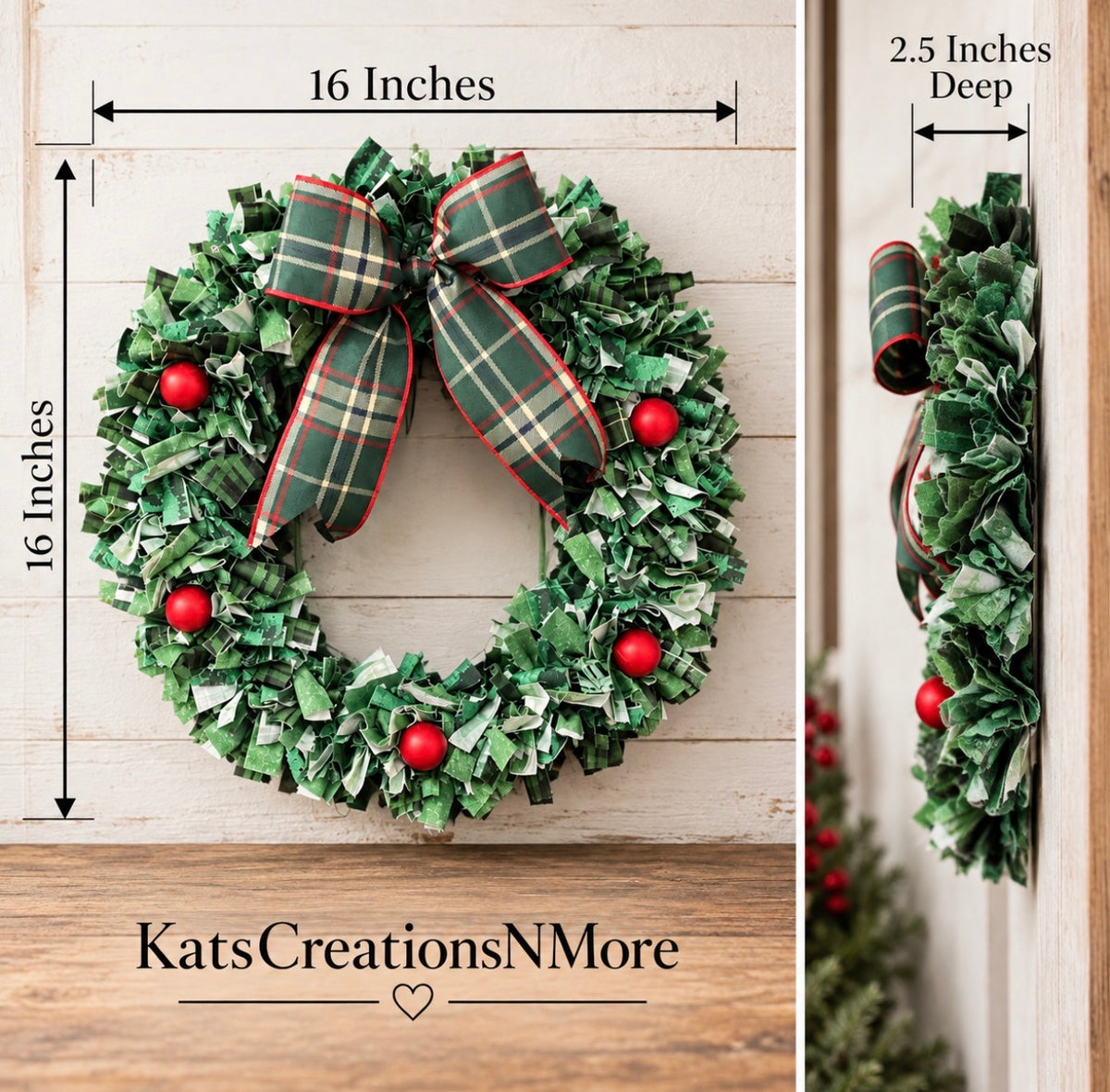 Christmas Fabric Wreath, 16 Inch Plaid Holiday Wreath, Small Farmhouse Door Decor, Rustic RV Camper Christmas Decoration
