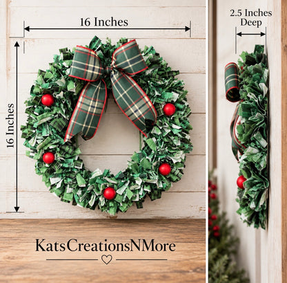 Christmas Fabric Wreath, 16 Inch Plaid Holiday Wreath, Small Farmhouse Door Decor, Rustic RV Camper Christmas Decoration